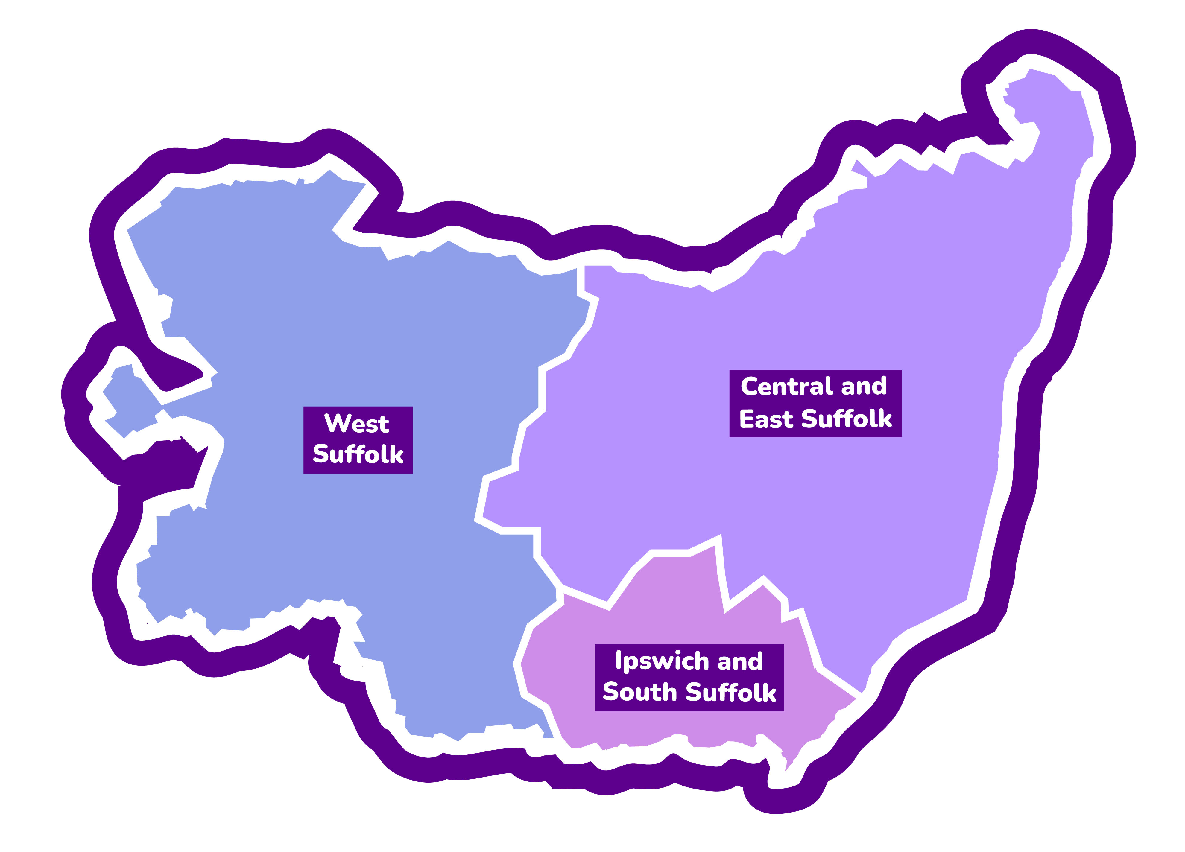 A map of the three council boundaries in Suffolk: West Suffolk, Central and East Suffolk, and Ipswich and South Suffolk.