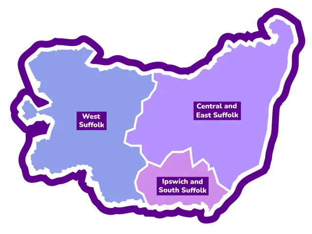 A map of the three council boundaries in Suffolk: West Suffolk, Central and East Suffolk, and Ipswich and South Suffolk.