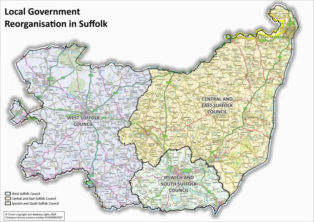 A map of Suffolk and the reorganised areas showing the three unitary councils overlaying an OS map.