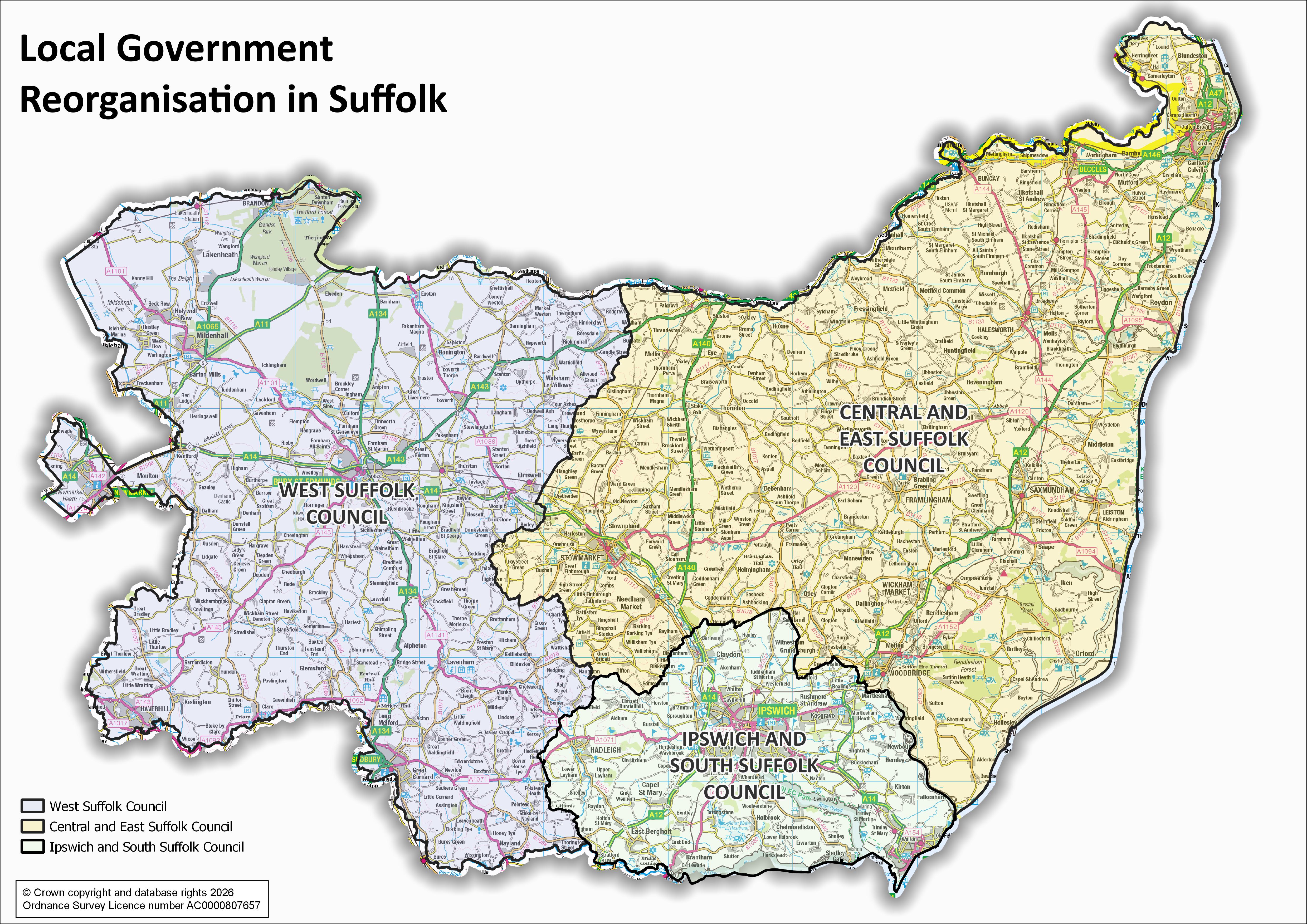 A map of Suffolk and the reorganised areas showing the three unitary councils overlaying an OS map. 