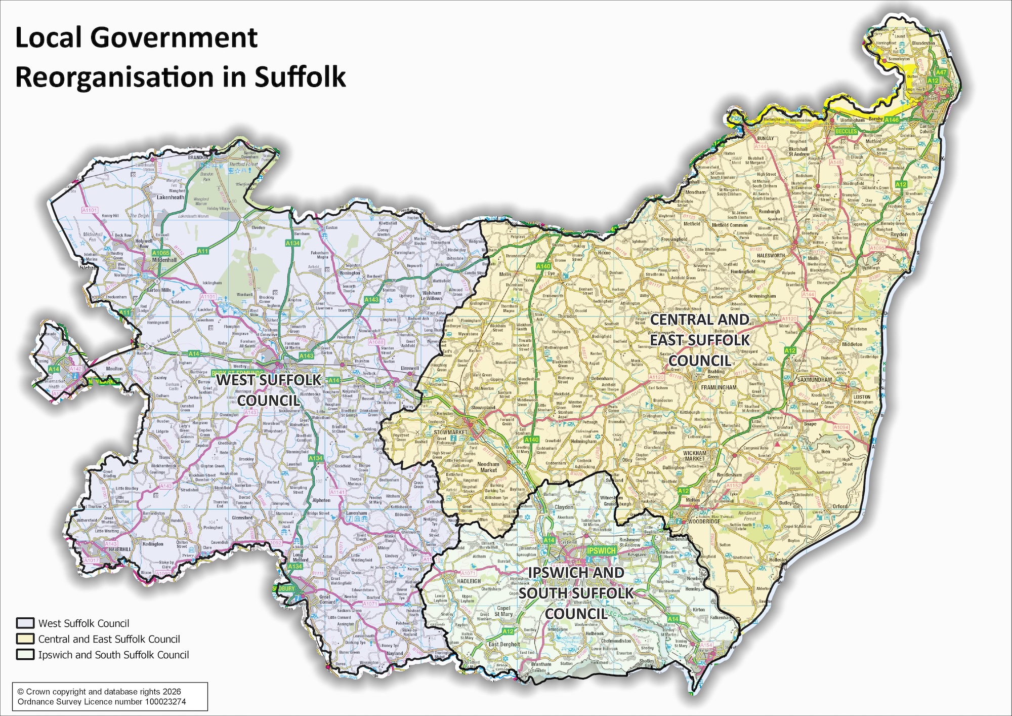 A map of Suffolk and the reorganised areas showing the three unitary councils overlaying an OS map. 