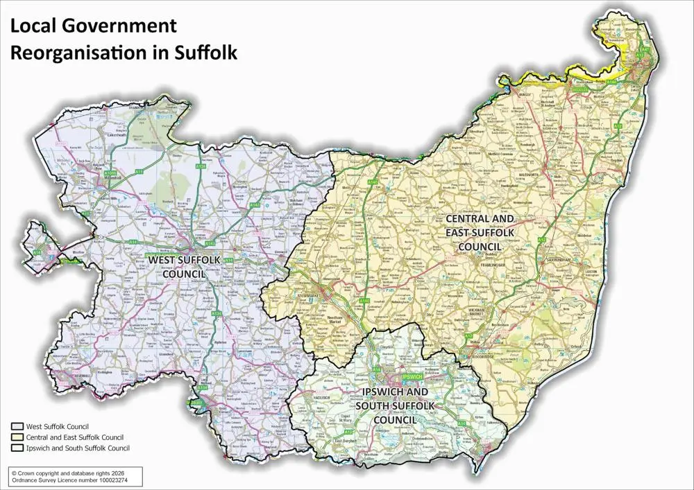 A map of Suffolk and the reorganised areas showing the three unitary councils overlaying an OS map.