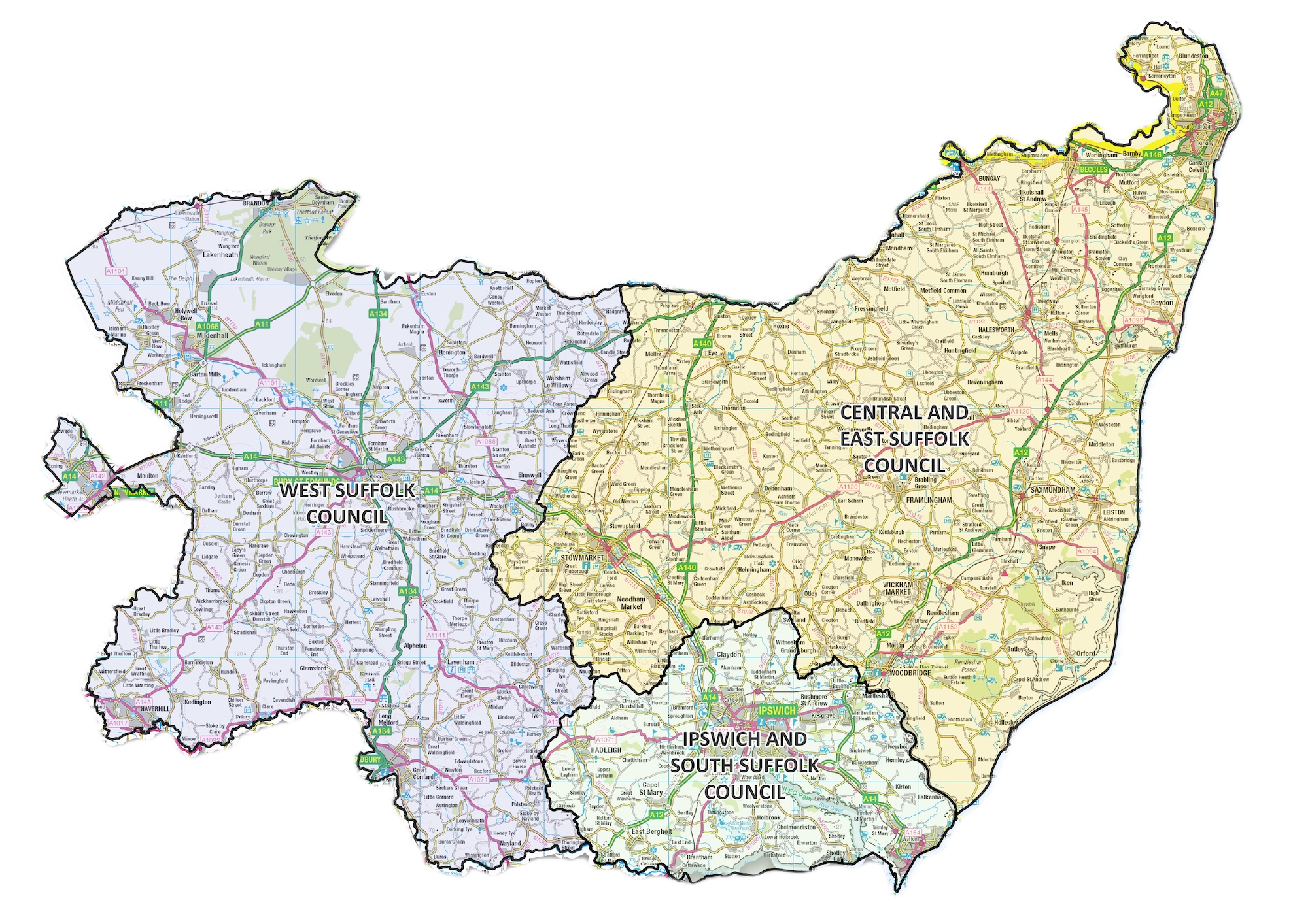 The county of Suffolk showing the three new unitary council boundaries.
