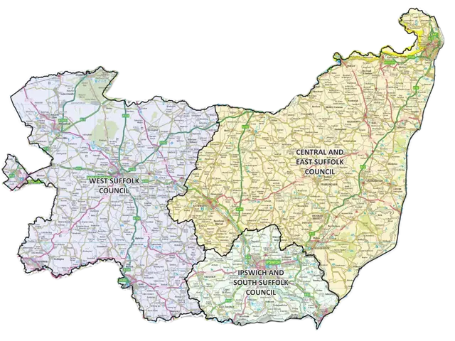 The county of Suffolk showing the three new unitary council boundaries.